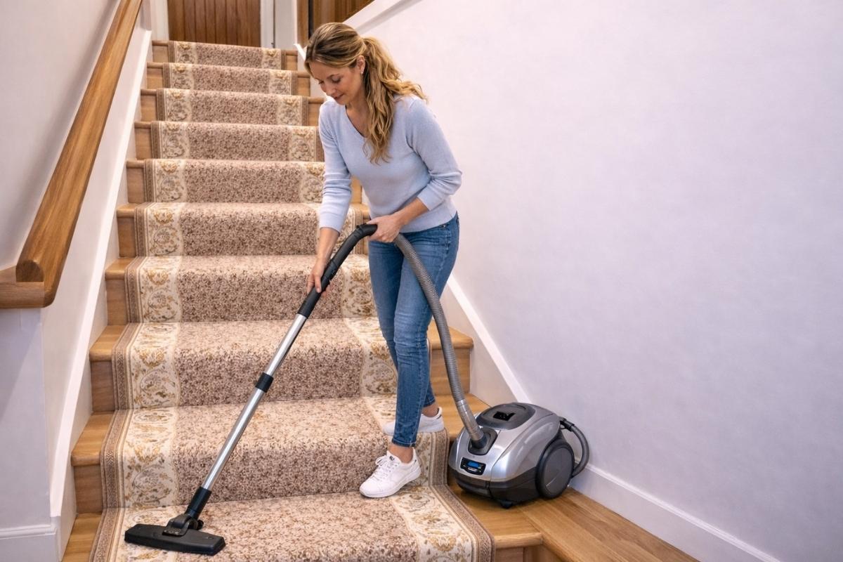 Žena usisava stazu na stepenicama